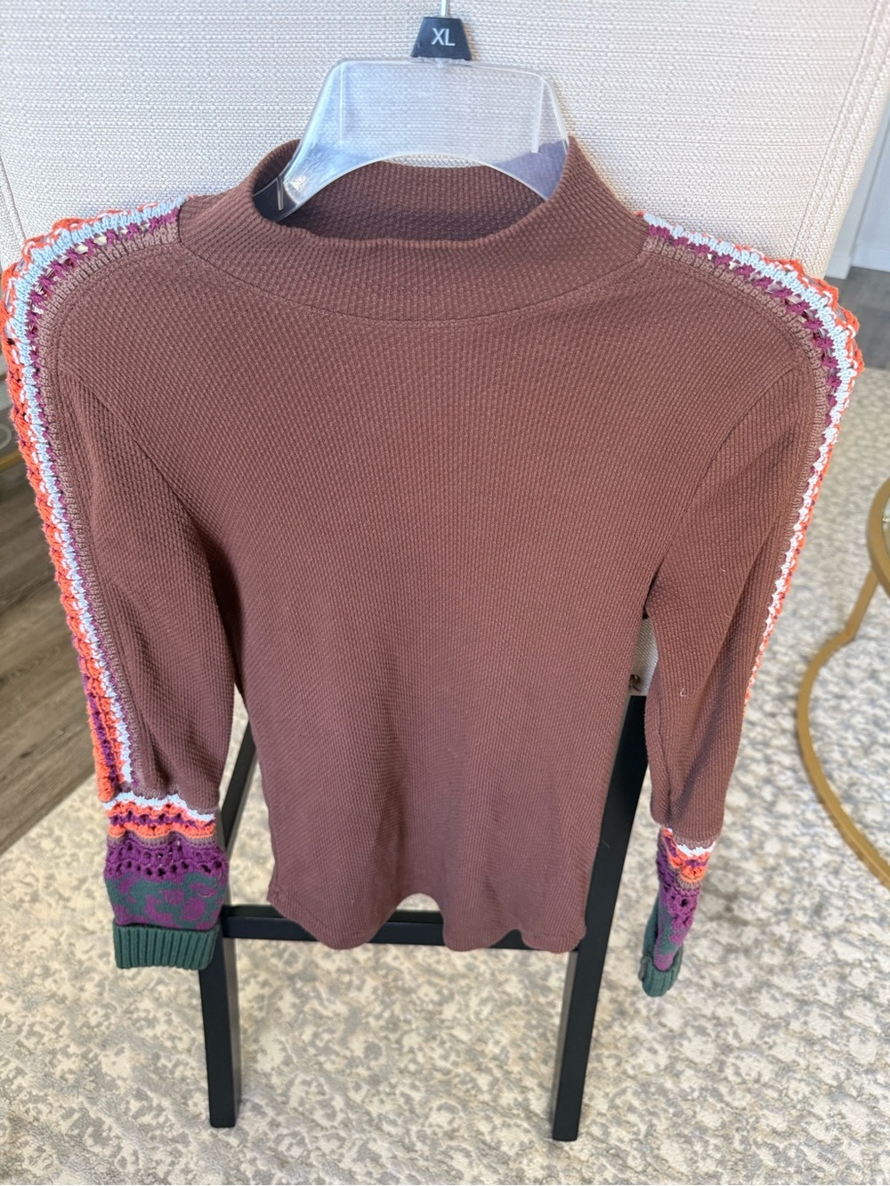 Free People Switch It Up Top Small Brown Crochet Floral Mixed Knit Sweater - Picture 2 of 7